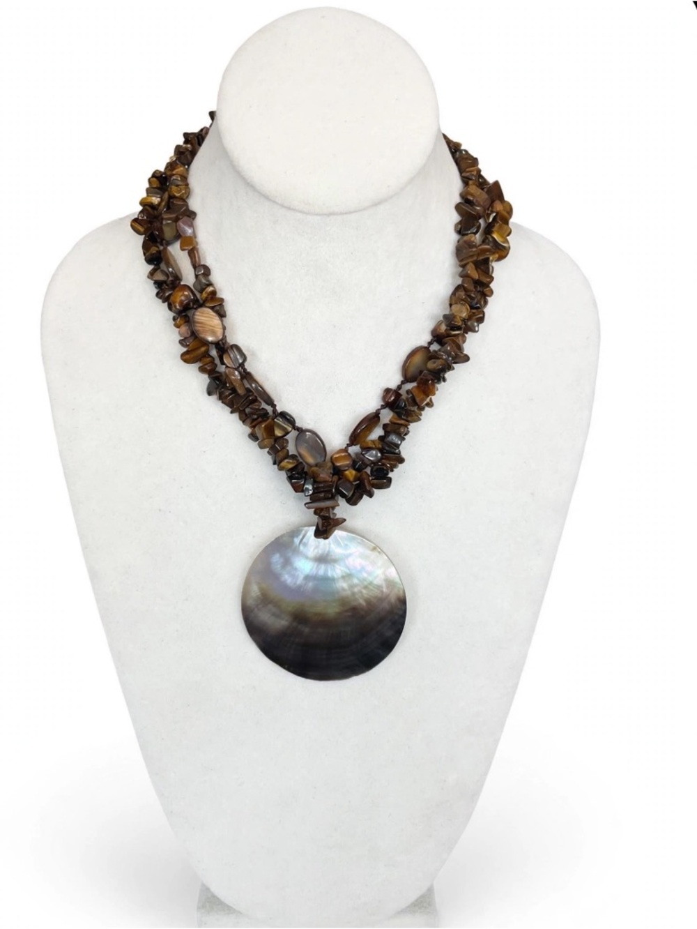 Tiger's Eye Chip Necklace Double Strand with Iridescent Abalone Shell Pendant